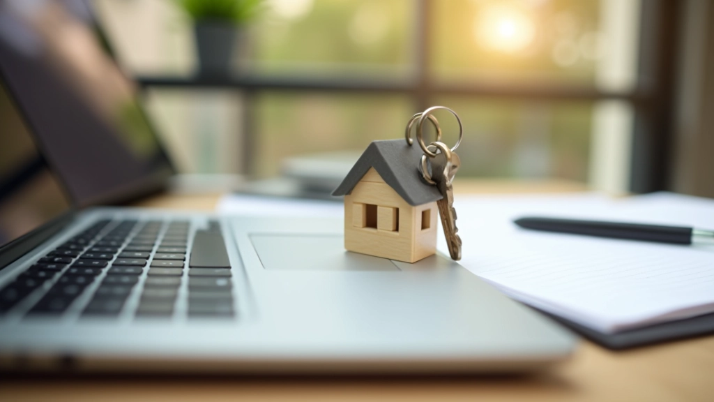 Clés de maison sur un clavier d'ordinateur avec calcul de loyer, bureau moderne