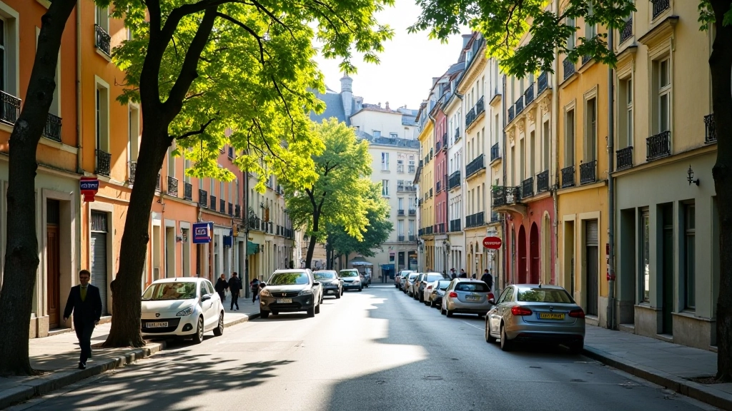 Photographie urbaine montrant architecture typique de quartiers résidentiels avec immeubles haussmanniens et modernes