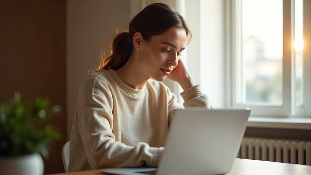 Photo de femme jeune adulte utilisant ordinateur portable pour rechercher logements en ligne, environnement de travail domestique