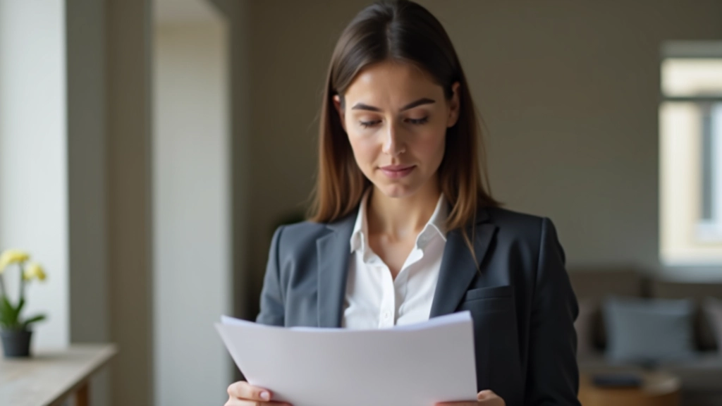 Femme consultant son budget logement sur un document, environnement résidentiel moderne, éclairage naturel